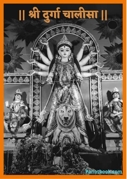 Image of Ma Durga with is vehicle tiger on black ground, Title with Sri Durga Chalisa In Hindi