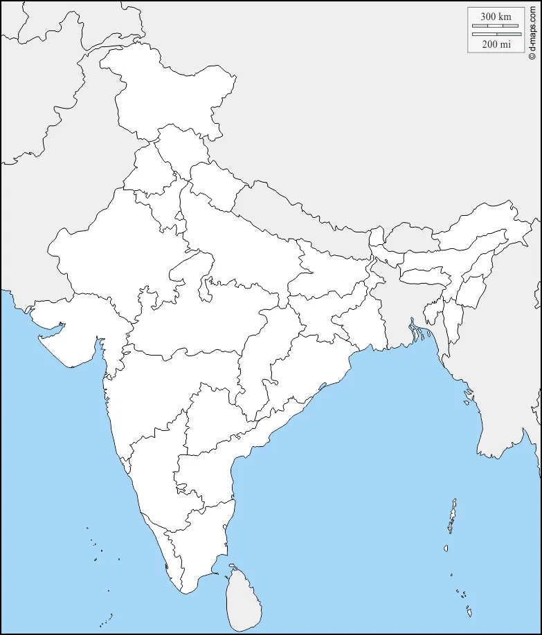 blank map of India, white and grey background with outline boundary of every state.