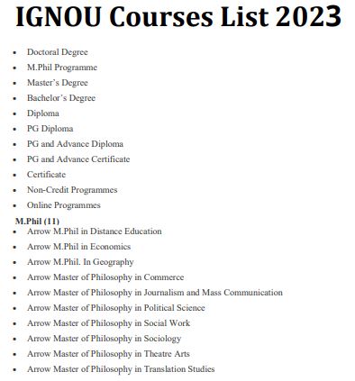 IGNOU Courses List