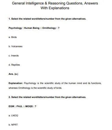 General Intelligence and Reasoning Questions PDF