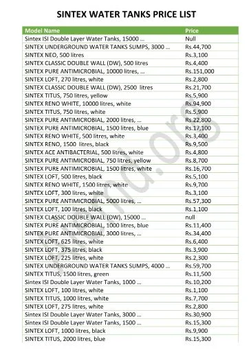  PDF Sintex Water Tank With Price List PDF Panot Book