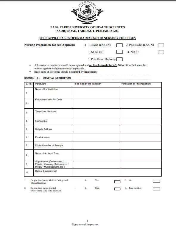  PDF BFUHS Self Appraisal Performa For Nursing Colleges 2023 24 PDF 
