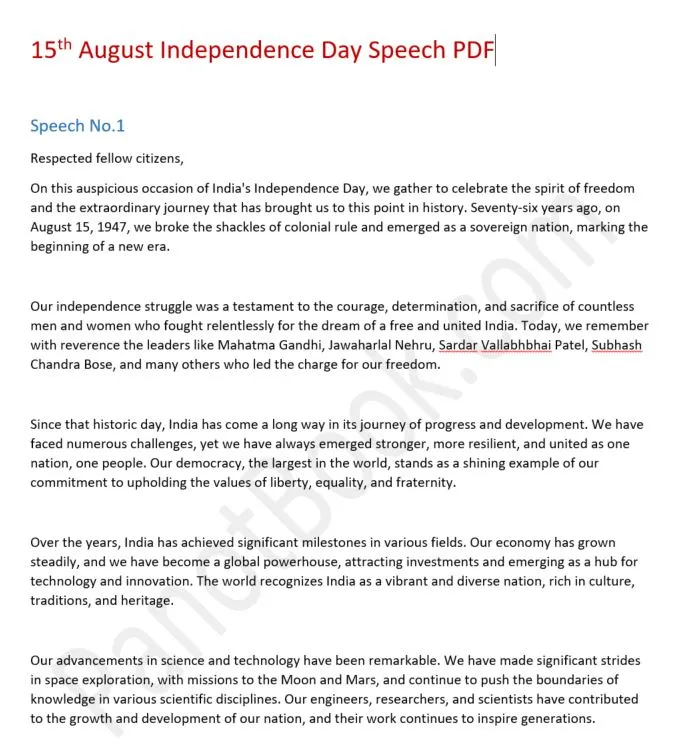 Pdf 5 Independence Day 15th August Speech In English Pdf Panot Book 0041